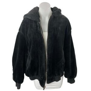 Zara Women's Black Faux Shearling Full Zip Hooded Hoodie Teddy Sweater Jacket M